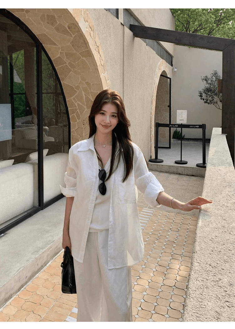 오래된 돈 바람 면 린넨 셔츠 세트 여성 느긋한 느슨함 센스 루즈핏 자외선 차단 오픈 가디건 조끼 넓은 다리 길이 바지 3종 세트 상세 이미지 5