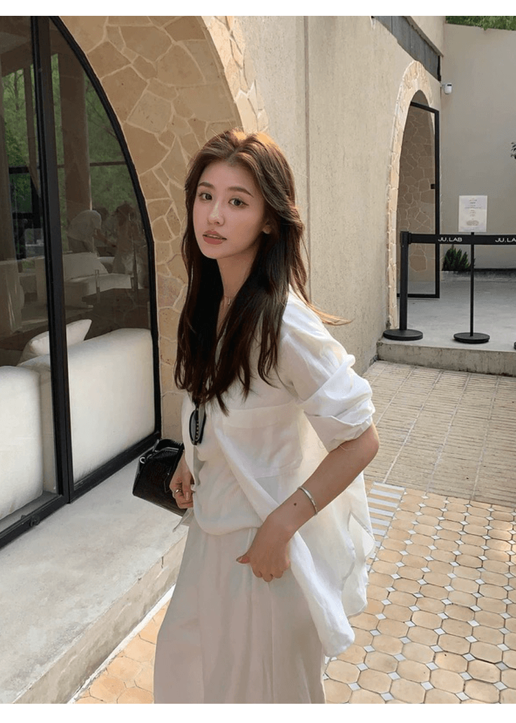 오래된 돈 바람 면 린넨 셔츠 세트 여성 느긋한 느슨함 센스 루즈핏 자외선 차단 오픈 가디건 조끼 넓은 다리 길이 바지 3종 세트 상세 이미지 7