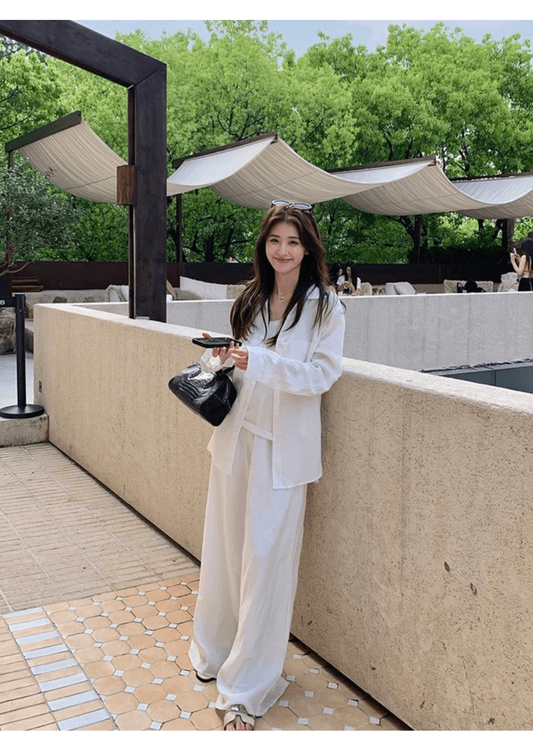 오래된 돈 바람 면 린넨 셔츠 세트 여성 느긋한 느슨함 센스 루즈핏 자외선 차단 오픈 가디건 조끼 넓은 다리 길이 바지 3종 세트 상세 이미지 14