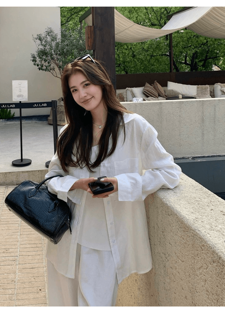 오래된 돈 바람 면 린넨 셔츠 세트 여성 느긋한 느슨함 센스 루즈핏 자외선 차단 오픈 가디건 조끼 넓은 다리 길이 바지 3종 세트 상세 이미지 16