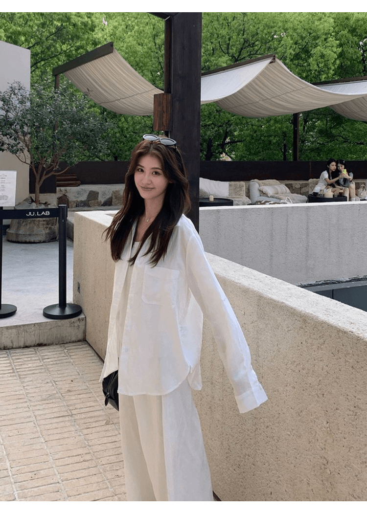 오래된 돈 바람 면 린넨 셔츠 세트 여성 느긋한 느슨함 센스 루즈핏 자외선 차단 오픈 가디건 조끼 넓은 다리 길이 바지 3종 세트 상세 이미지 17