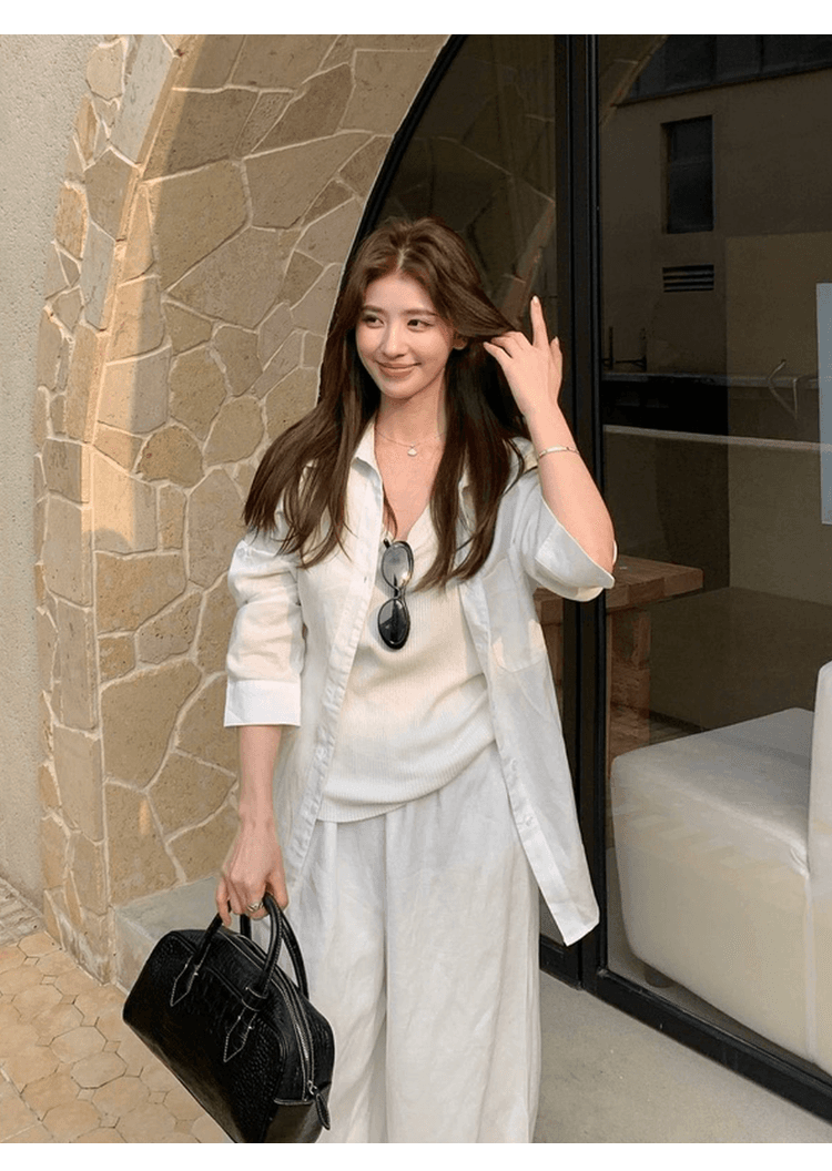 오래된 돈 바람 면 린넨 셔츠 세트 여성 느긋한 느슨함 센스 루즈핏 자외선 차단 오픈 가디건 조끼 넓은 다리 길이 바지 3종 세트 상세 이미지 19