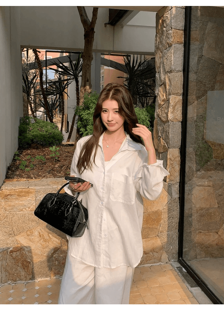 오래된 돈 바람 면 린넨 셔츠 세트 여성 느긋한 느슨함 센스 루즈핏 자외선 차단 오픈 가디건 조끼 넓은 다리 길이 바지 3종 세트 상세 이미지 26