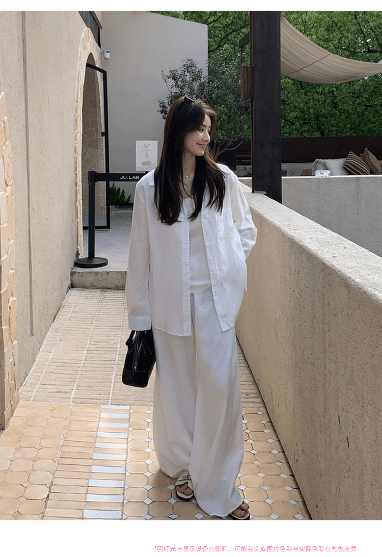 오래된 돈 바람 면 린넨 셔츠 세트 여성 느긋한 느슨함 센스 루즈핏 자외선 차단 오픈 가디건 조끼 넓은 다리 길이 바지 3종 세트 상세 이미지 27