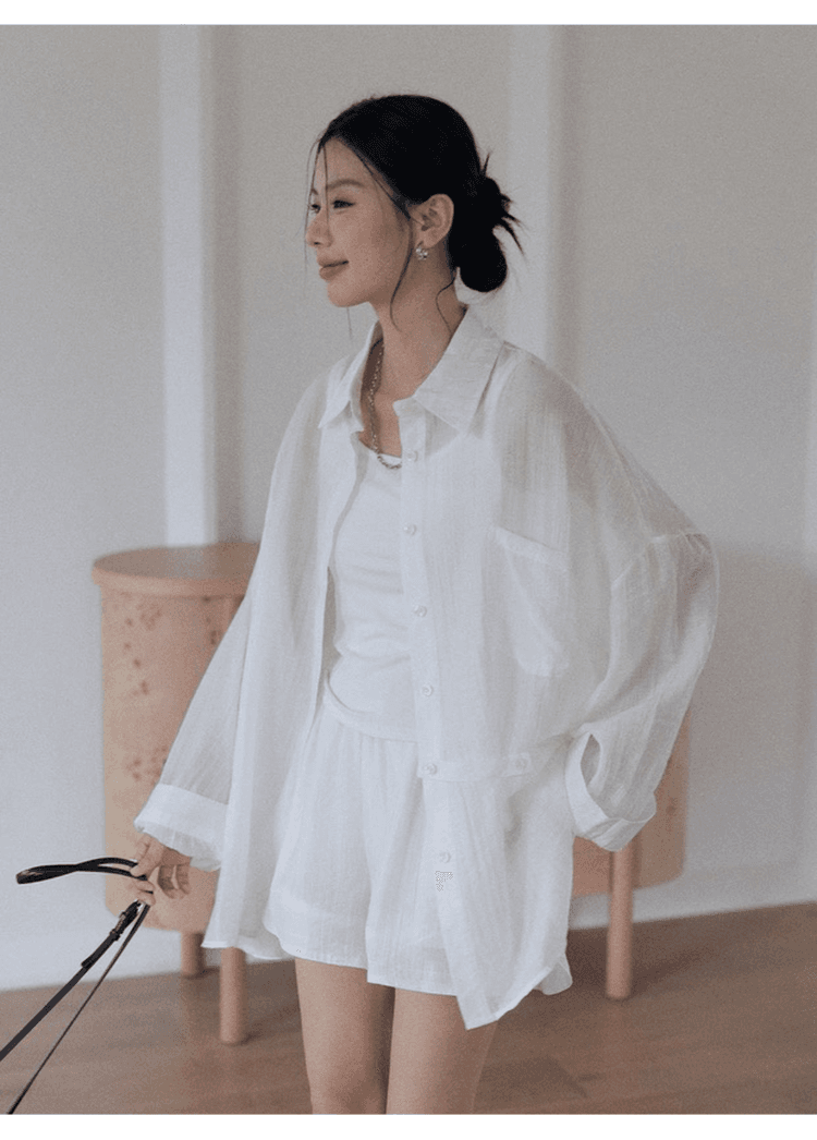 느긋한 바람 질감 센스 자외선 차단 착용 가져 가라. 에이즈 환자 여성 세트 느슨함 센스 루즈핏 셔츠 조끼 넓은 다리가 짧다. 바지 3종 세트 상세 이미지 8