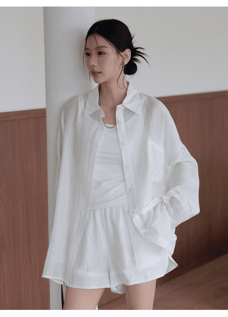 느긋한 바람 질감 센스 자외선 차단 착용 가져 가라. 에이즈 환자 여성 세트 느슨함 센스 루즈핏 셔츠 조끼 넓은 다리가 짧다. 바지 3종 세트 상세 이미지 11