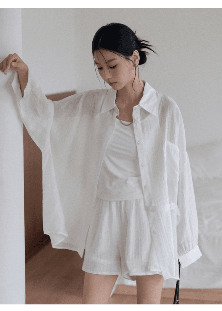 느긋한 바람 질감 센스 자외선 차단 착용 가져 가라. 에이즈 환자 여성 세트 느슨함 센스 루즈핏 셔츠 조끼 넓은 다리가 짧다. 바지 3종 세트 상세 이미지 15