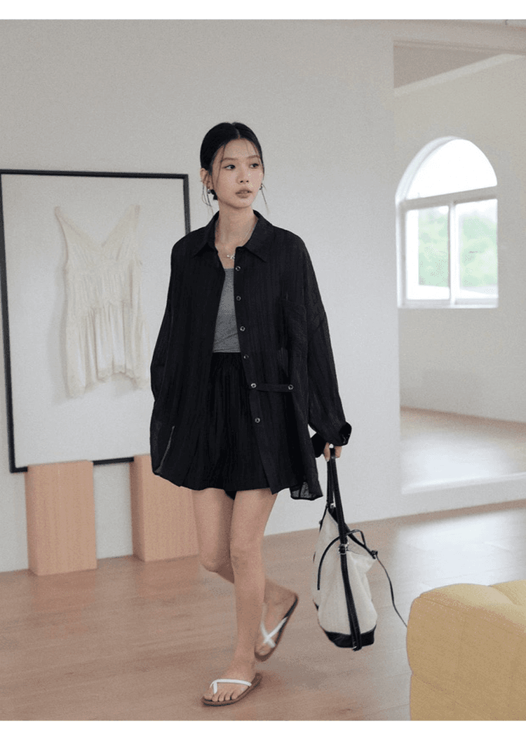 느긋한 바람 질감 센스 자외선 차단 착용 가져 가라. 에이즈 환자 여성 세트 느슨함 센스 루즈핏 셔츠 조끼 넓은 다리가 짧다. 바지 3종 세트 상세 이미지 16