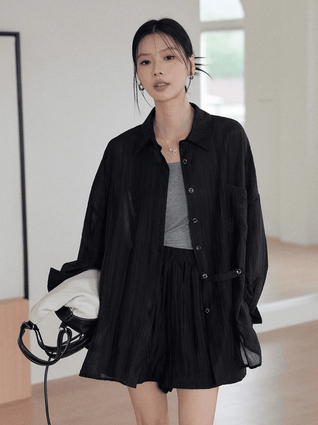 오래된 돈 바람 질감 센스 자외선 차단 착용 가져 가라. 에이즈 환자 여성 세트 느슨함 센스 느긋한 셔츠 조끼 넓은 다리가 짧다. 바지 3종 세트 이미지 4
