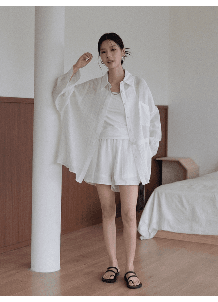 오래된 돈 바람 질감 센스 자외선 차단 착용 가져 가라. 에이즈 환자 여성 세트 느슨함 센스 느긋한 셔츠 조끼 넓은 다리가 짧다. 바지 3종 세트 상세 이미지 6