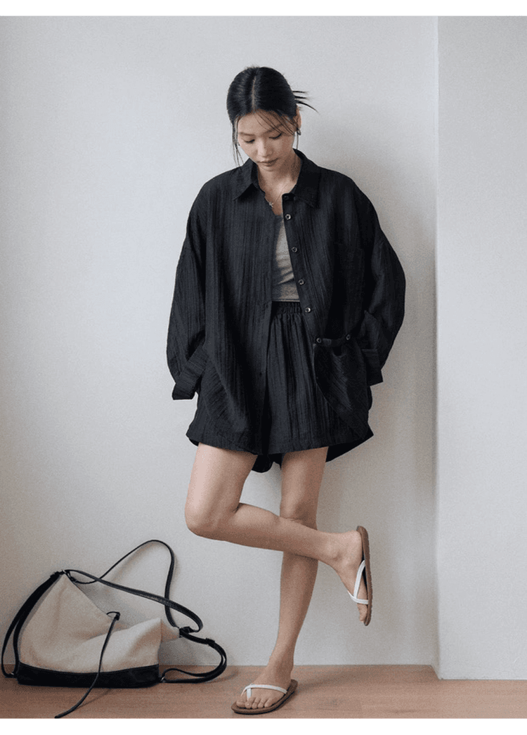 오래된 돈 바람 질감 센스 자외선 차단 착용 가져 가라. 에이즈 환자 여성 세트 느슨함 센스 느긋한 셔츠 조끼 넓은 다리가 짧다. 바지 3종 세트 상세 이미지 17