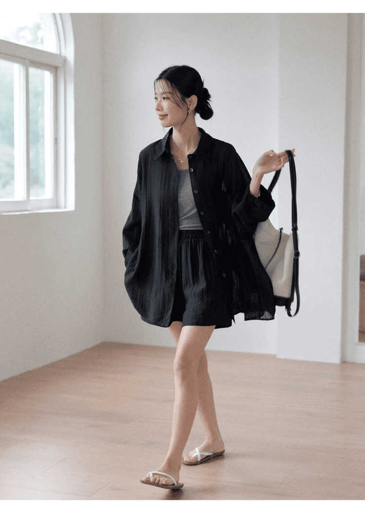 오래된 돈 바람 질감 센스 자외선 차단 착용 가져 가라. 에이즈 환자 여성 세트 느슨함 센스 느긋한 셔츠 조끼 넓은 다리가 짧다. 바지 3종 세트 상세 이미지 18