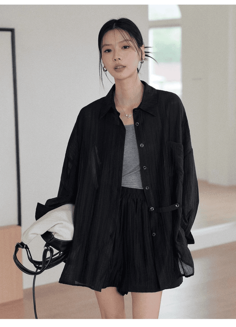 오래된 돈 바람 질감 센스 자외선 차단 착용 가져 가라. 에이즈 환자 여성 세트 느슨함 센스 느긋한 셔츠 조끼 넓은 다리가 짧다. 바지 3종 세트 상세 이미지 28