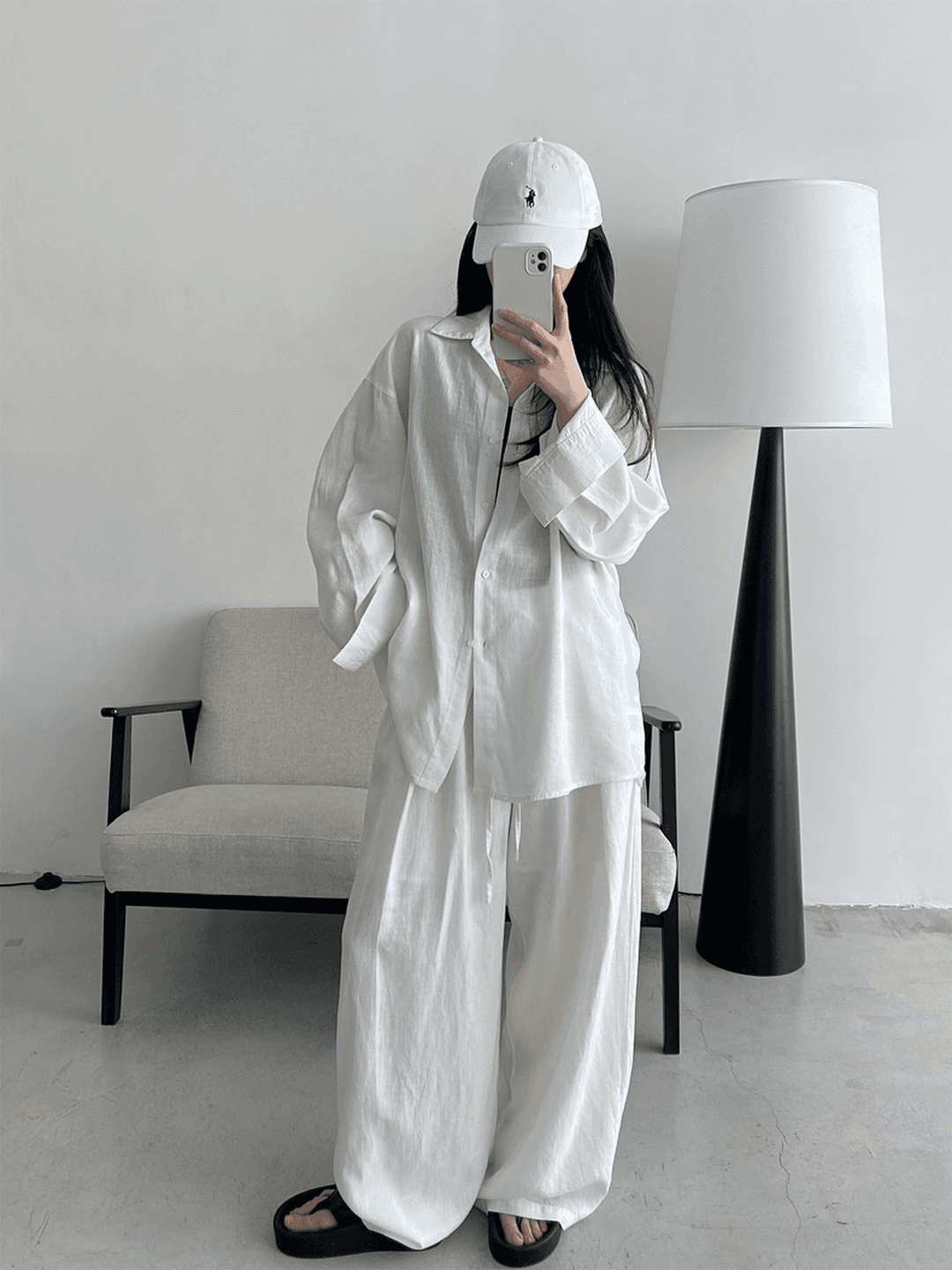 오래된 돈 바람 휴가 캐주얼 면 린넨 세트 여성 느긋한 루즈핏 자외선 차단 셔츠 허리밴드 와이드 레그 팬츠 투피스 세트 이미지 3