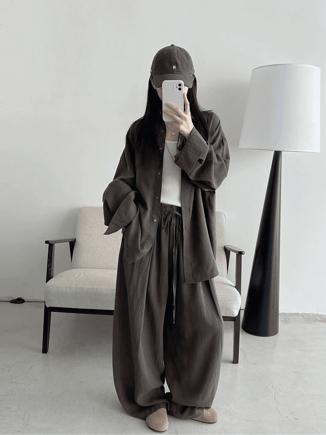 오래된 돈 바람 휴가 캐주얼 면 린넨 세트 여성 느긋한 루즈핏 자외선 차단 셔츠 허리밴드 와이드 레그 팬츠 투피스 세트 이미지 2