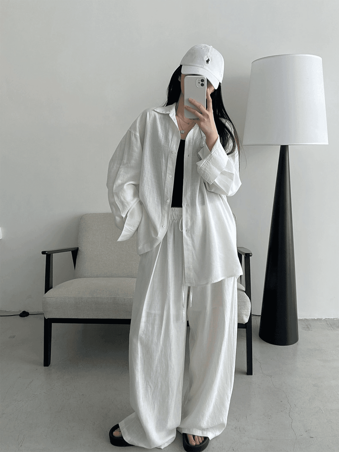 오래된 돈 바람 휴가 캐주얼 면 린넨 세트 여성 느긋한 루즈핏 자외선 차단 셔츠 허리밴드 와이드 레그 팬츠 투피스 세트