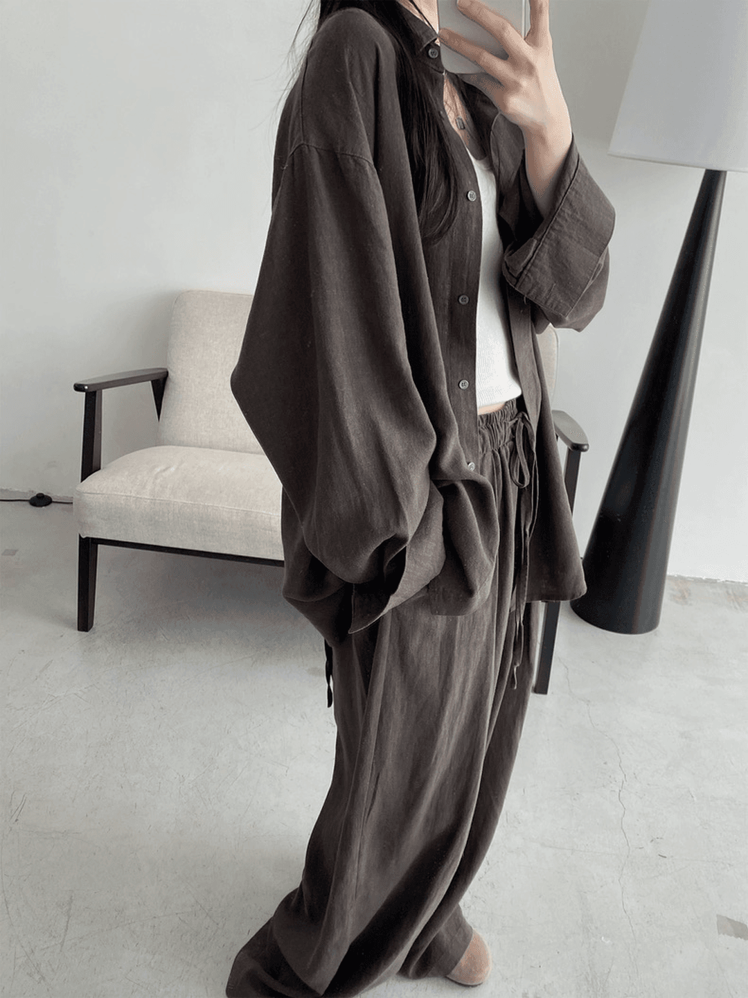 오래된 돈 바람 휴가 캐주얼 면 린넨 세트 여성 느긋한 루즈핏 자외선 차단 셔츠 허리밴드 와이드 레그 팬츠 투피스 세트 이미지 4