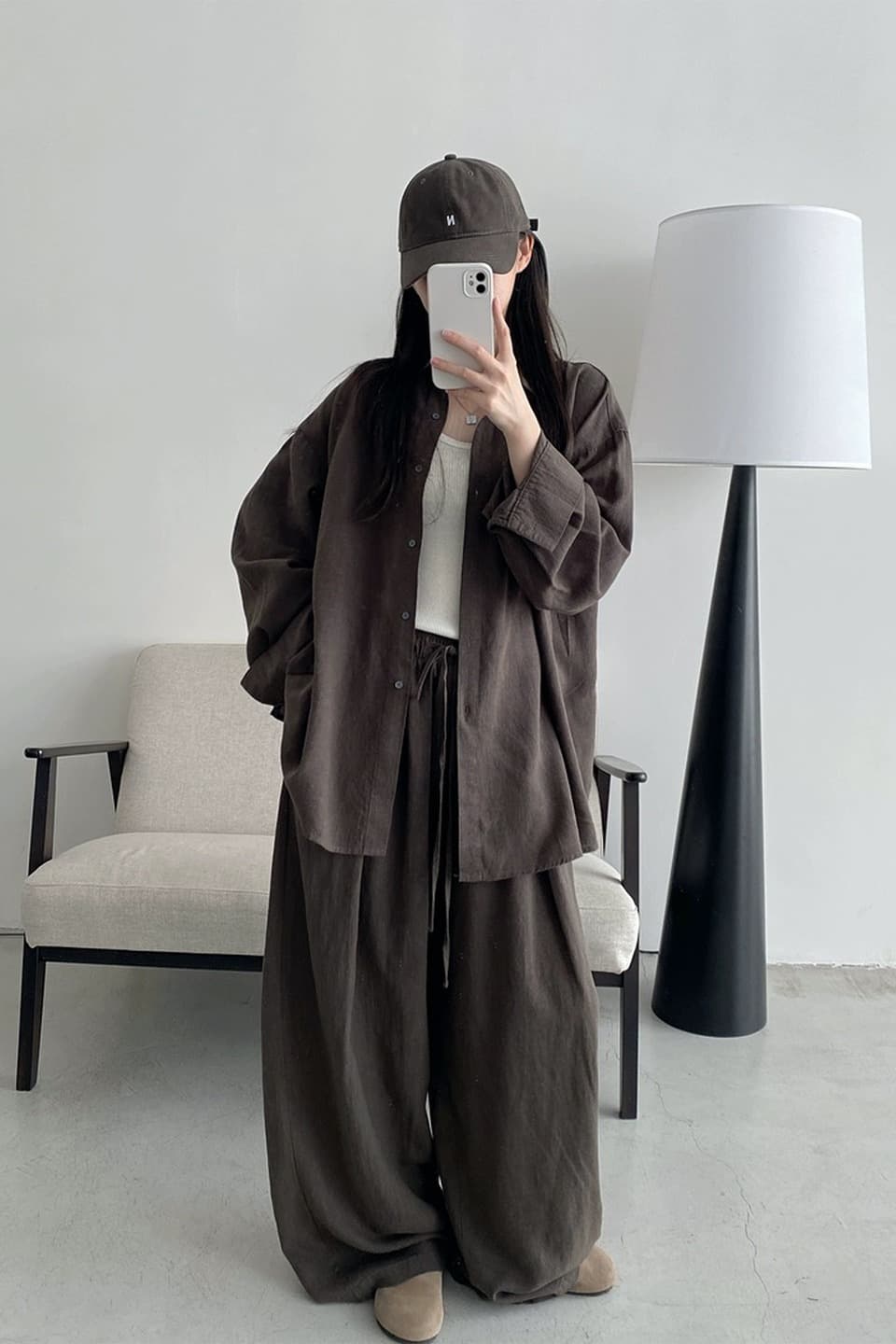 오래된 돈 바람 휴가 캐주얼 면 린넨 세트 여성 느긋한 루즈핏 자외선 차단 셔츠 허리밴드 와이드 레그 팬츠 투피스 세트 이미지 6
