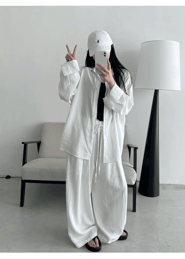 오래된 돈 바람 휴가 캐주얼 면 린넨 세트 여성 느긋한 루즈핏 자외선 차단 셔츠 허리밴드 와이드 레그 팬츠 투피스 세트 상세 이미지 6