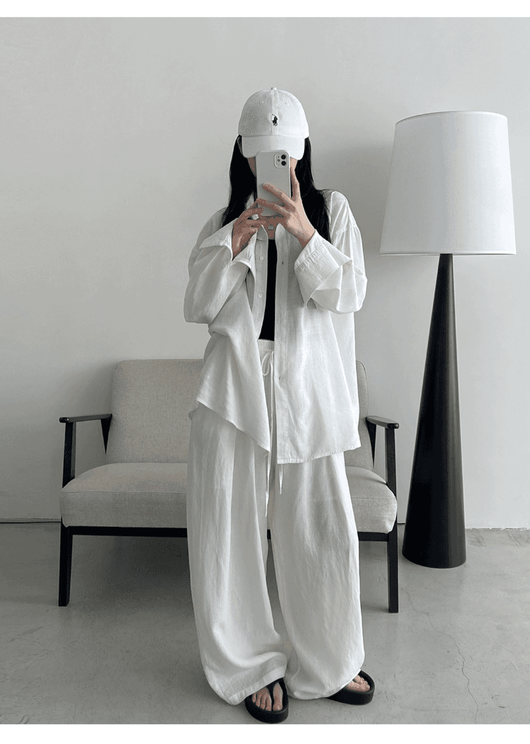 오래된 돈 바람 휴가 캐주얼 면 린넨 세트 여성 느긋한 루즈핏 자외선 차단 셔츠 허리밴드 와이드 레그 팬츠 투피스 세트 상세 이미지 7