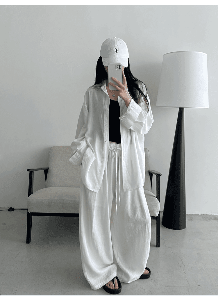 오래된 돈 바람 휴가 캐주얼 면 린넨 세트 여성 느긋한 루즈핏 자외선 차단 셔츠 허리밴드 와이드 레그 팬츠 투피스 세트 상세 이미지 9