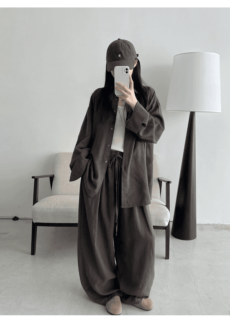 오래된 돈 바람 휴가 캐주얼 면 린넨 세트 여성 느긋한 루즈핏 자외선 차단 셔츠 허리밴드 와이드 레그 팬츠 투피스 세트 상세 이미지 10