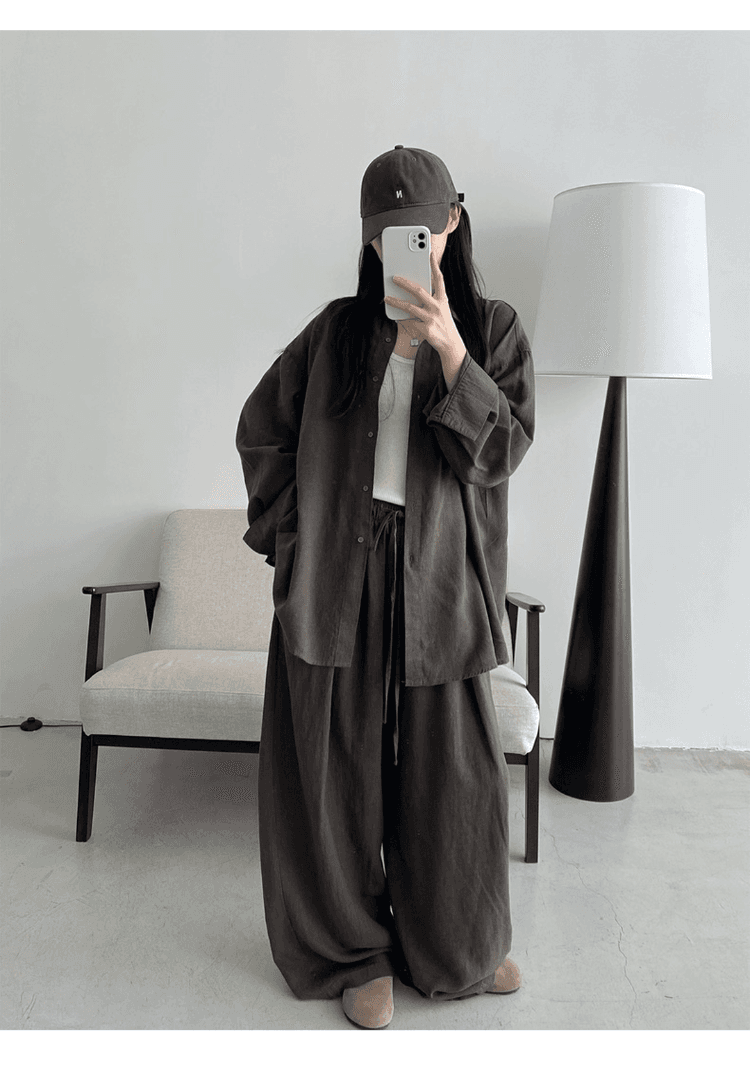 오래된 돈 바람 휴가 캐주얼 면 린넨 세트 여성 느긋한 루즈핏 자외선 차단 셔츠 허리밴드 와이드 레그 팬츠 투피스 세트 상세 이미지 13