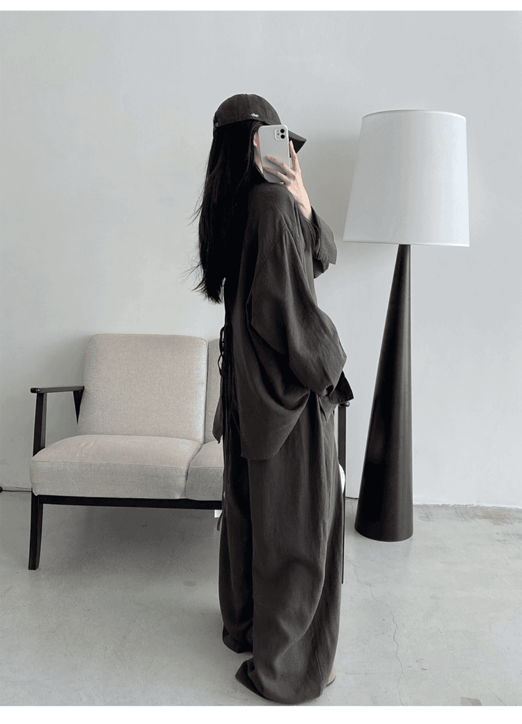 오래된 돈 바람 휴가 캐주얼 면 린넨 세트 여성 느긋한 루즈핏 자외선 차단 셔츠 허리밴드 와이드 레그 팬츠 투피스 세트 상세 이미지 14