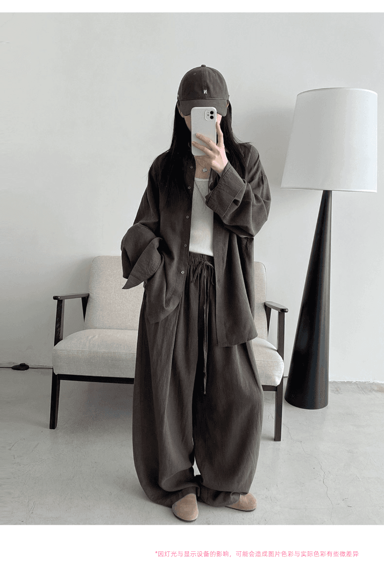 오래된 돈 바람 휴가 캐주얼 면 린넨 세트 여성 느긋한 루즈핏 자외선 차단 셔츠 허리밴드 와이드 레그 팬츠 투피스 세트 상세 이미지 15