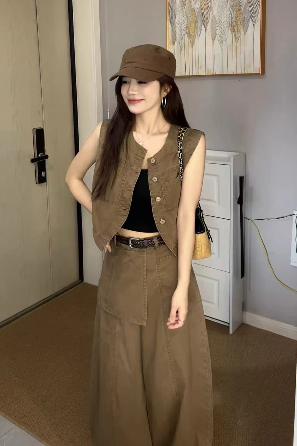 오래된 돈 바람 레트로 캐주얼 세트 여성 느슨함 센스 슬림해 보이는 워크웨어 민소매 베스트 하이웨이스트 와이드 레그 팬츠 투피스 세트 이미지 6