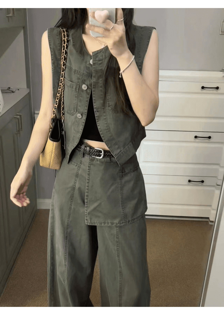 오래된 돈 바람 레트로 캐주얼 세트 여성 느슨함 센스 슬림해 보이는 워크웨어 민소매 베스트 하이웨이스트 와이드 레그 팬츠 투피스 세트 상세 이미지 6