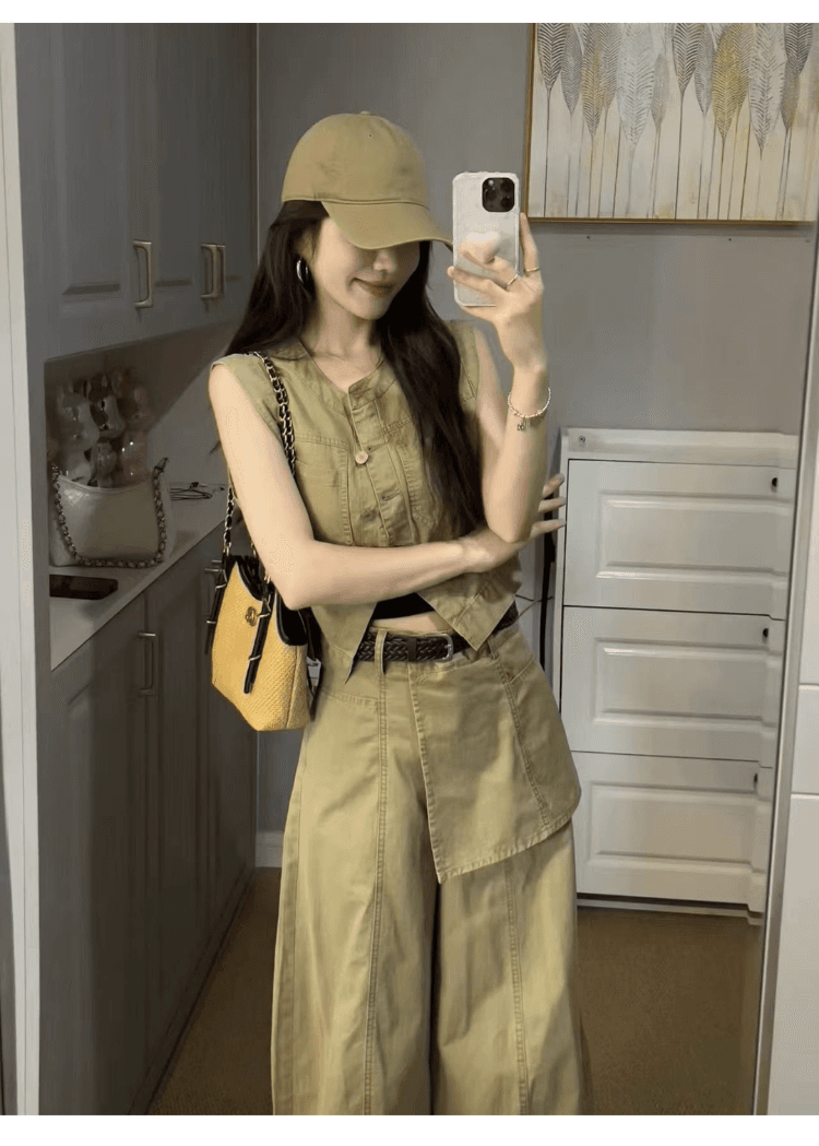 오래된 돈 바람 레트로 캐주얼 세트 여성 느슨함 센스 슬림해 보이는 워크웨어 민소매 베스트 하이웨이스트 와이드 레그 팬츠 투피스 세트 상세 이미지 20