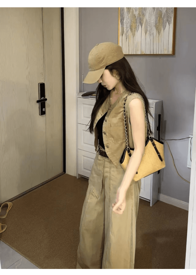 오래된 돈 바람 레트로 캐주얼 세트 여성 느슨함 센스 슬림해 보이는 워크웨어 민소매 베스트 하이웨이스트 와이드 레그 팬츠 투피스 세트 상세 이미지 22