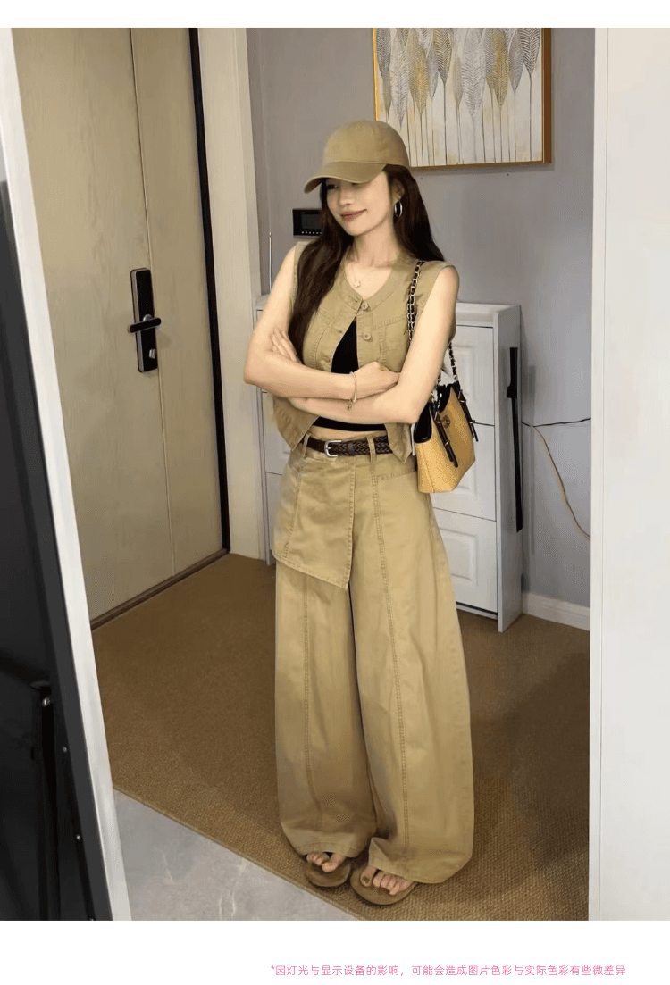 오래된 돈 바람 레트로 캐주얼 세트 여성 느슨함 센스 슬림해 보이는 워크웨어 민소매 베스트 하이웨이스트 와이드 레그 팬츠 투피스 세트 상세 이미지 27