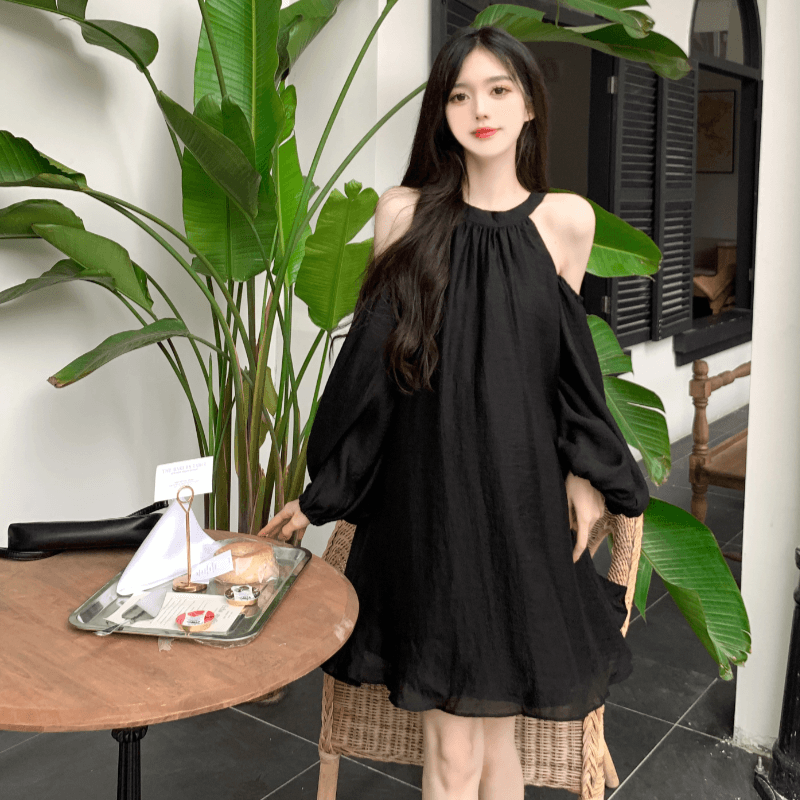 실사 정가 프랑스식 품격 행침 목 오프숄더 여성 드레스 거품 소매 루즈핏 슬림해 보이는 캐주얼 휴가 요정 치마 이미지 3