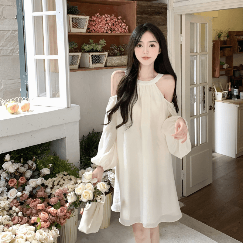 실사 정가 프랑스식 품격 행침 목 오프숄더 여성 드레스 거품 소매 루즈핏 슬림해 보이는 캐주얼 휴가 요정 치마 이미지 4