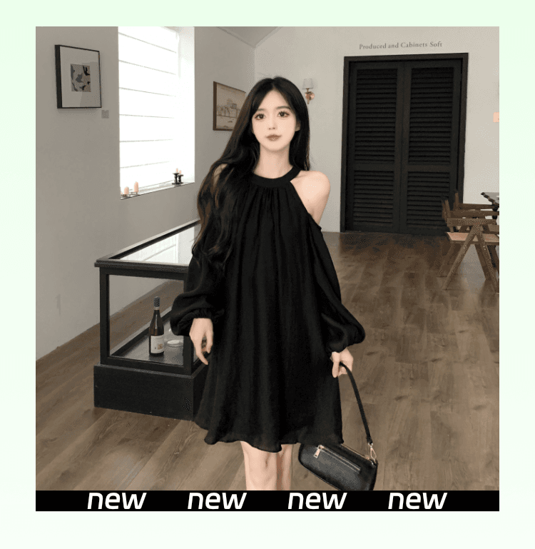 실사 정가 프랑스식 품격 행침 목 오프숄더 여성 드레스 거품 소매 루즈핏 슬림해 보이는 캐주얼 휴가 요정 치마 상세 이미지 2