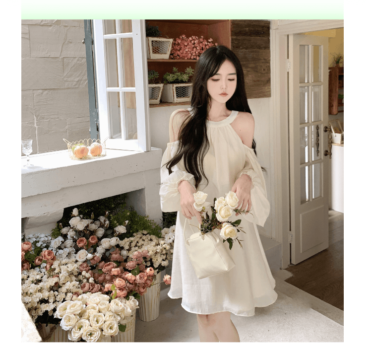 실사 정가 프랑스식 품격 행침 목 오프숄더 여성 드레스 거품 소매 루즈핏 슬림해 보이는 캐주얼 휴가 요정 치마 상세 이미지 4