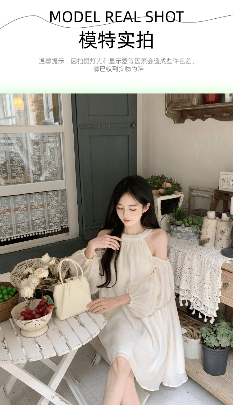 실사 정가 프랑스식 품격 행침 목 오프숄더 여성 드레스 거품 소매 루즈핏 슬림해 보이는 캐주얼 휴가 요정 치마 상세 이미지 10