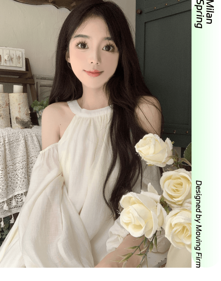 실사 정가 프랑스식 품격 행침 목 오프숄더 여성 드레스 거품 소매 루즈핏 슬림해 보이는 캐주얼 휴가 요정 치마 상세 이미지 12