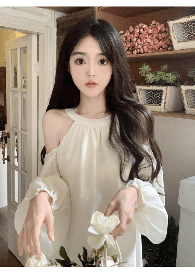 실사 정가 프랑스식 품격 행침 목 오프숄더 여성 드레스 거품 소매 루즈핏 슬림해 보이는 캐주얼 휴가 요정 치마 상세 이미지 13