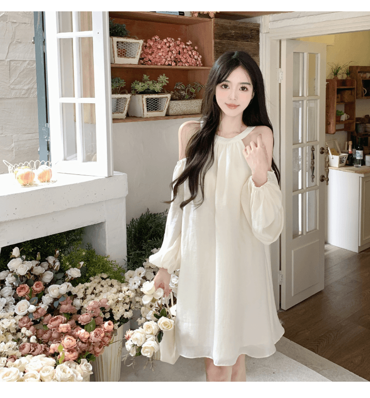 실사 정가 프랑스식 품격 행침 목 오프숄더 여성 드레스 거품 소매 루즈핏 슬림해 보이는 캐주얼 휴가 요정 치마 상세 이미지 16