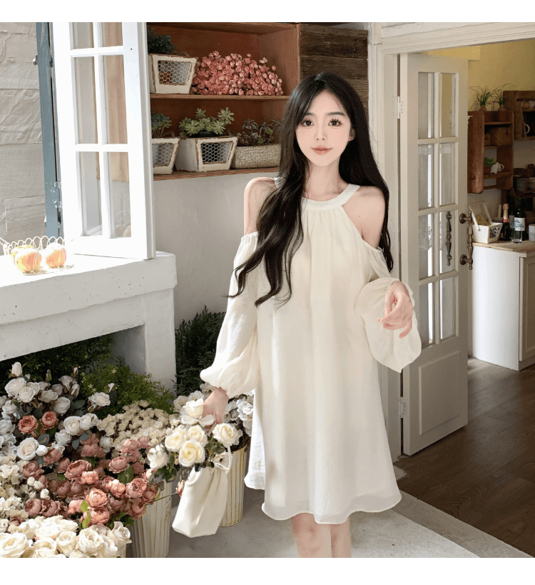 실사 정가 프랑스식 품격 행침 목 오프숄더 여성 드레스 거품 소매 루즈핏 슬림해 보이는 캐주얼 휴가 요정 치마 상세 이미지 20