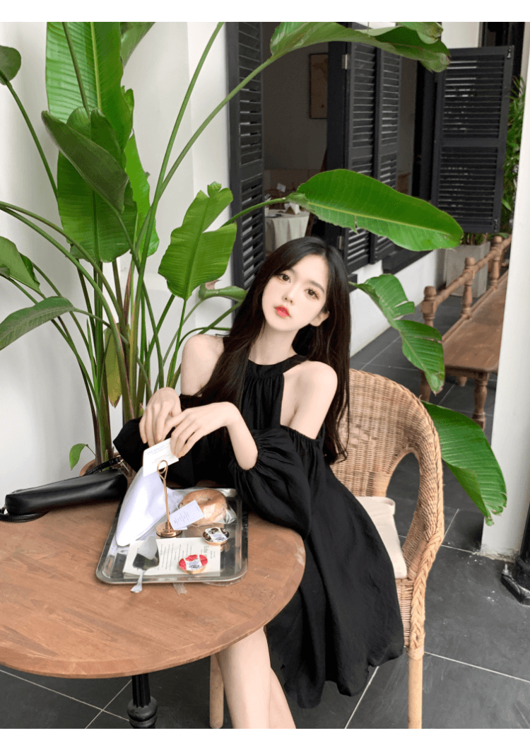 실사 정가 프랑스식 품격 행침 목 오프숄더 여성 드레스 거품 소매 루즈핏 슬림해 보이는 캐주얼 휴가 요정 치마 상세 이미지 23