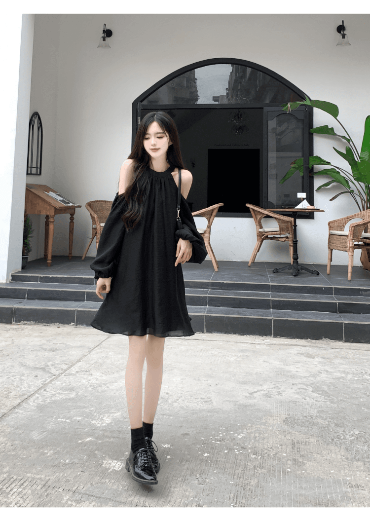 실사 정가 프랑스식 품격 행침 목 오프숄더 여성 드레스 거품 소매 루즈핏 슬림해 보이는 캐주얼 휴가 요정 치마 상세 이미지 26