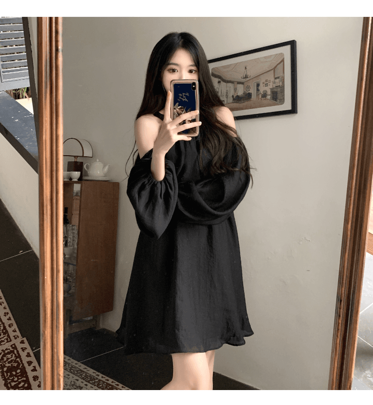 실사 정가 프랑스식 품격 행침 목 오프숄더 여성 드레스 거품 소매 루즈핏 슬림해 보이는 캐주얼 휴가 요정 치마 상세 이미지 31