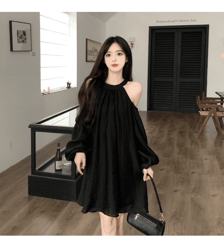 실사 정가 프랑스식 품격 행침 목 오프숄더 여성 드레스 거품 소매 루즈핏 슬림해 보이는 캐주얼 휴가 요정 치마 상세 이미지 32