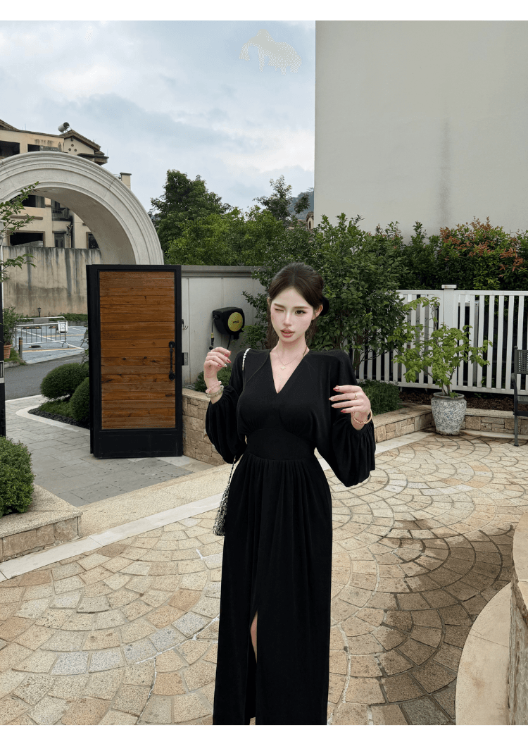 실사 정가 프랑스식 순수한 욕망 바람 V넥 여성 드레스 로얄 자매 품격 몸매 가꾸기 슬림해 보이는 섹시함 트임 길다 치마 상세 이미지 12