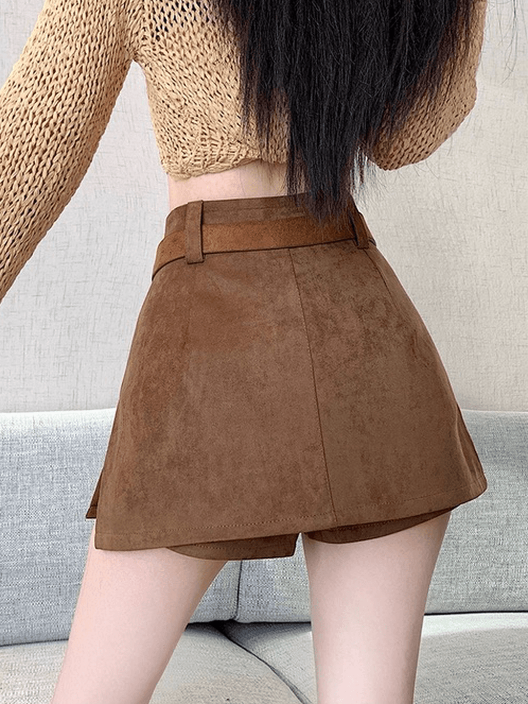실사 정가 핫걸 레트로 사슴 캐시미어 반신 스커트 여성 섹시함 하이웨이스트 트임 슬림해 보이는 한 마디 타이트 스커트 짧은 치마바지 이미지 3