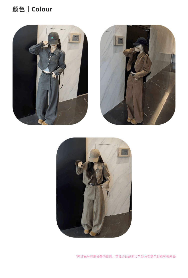 실사 정가 한국 스타일 레트로 캐주얼 세트 여성 느슨함 센스 슬림해 보이는 워크웨어 재킷 하이웨이스트 와이드 레그 팬츠 투피스 세트 상세 이미지 3